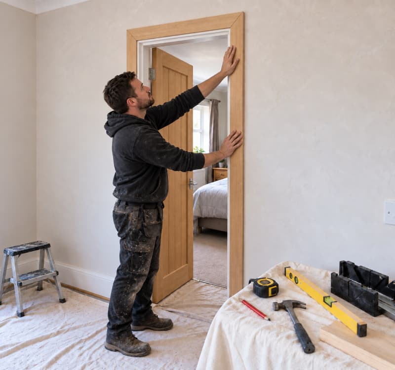 Carpenter fitting timber architrave around an internal doorway in a UK home, with measuring and hand tools nearby.